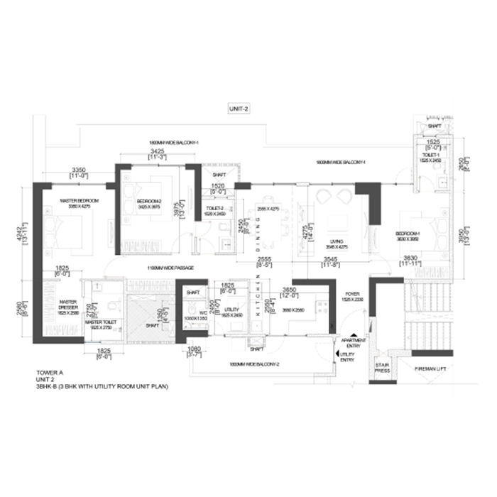 Adani The Marq 3 BHK + Study Floor Plan